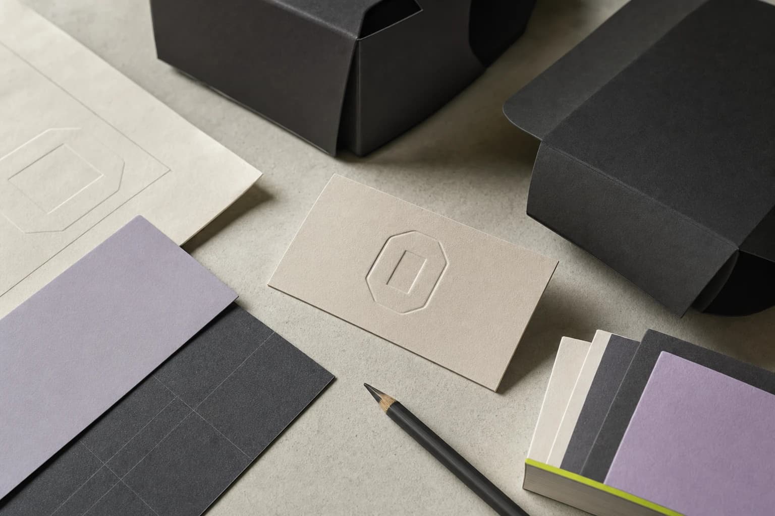 Printed identity materials arranged on a studio table